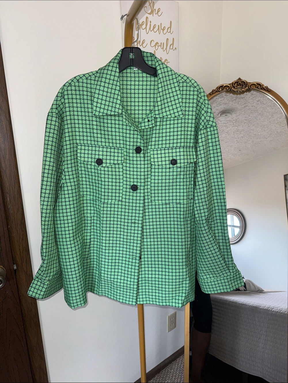 Green Windowpane Jean Jacket with Black Buttons